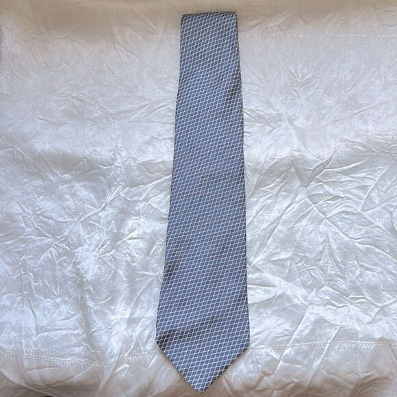 Vintage 70s Villa Bugatti Blue & Cream Geometric Wide Silk Wide Tie - Picture 2 of 6